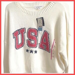 New W/Tags Grayson Threads XXL Cream USA Graphic Knit Cropped Pullover Sweater